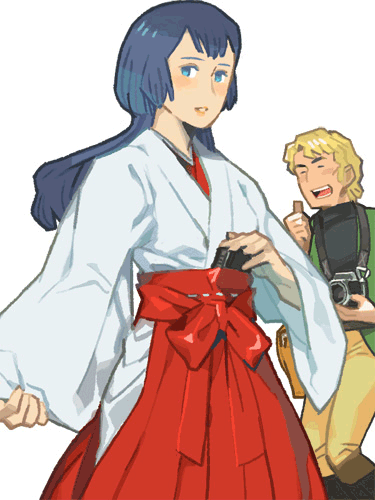 1boy, 1girl, blonde_hair, blue_eyes, blue_hair, camera, closed_eyes, densetsu_kyojin_ideon, japanese_clothes, joliver_ira, karala_ajiba, lowres, sarmat, tagme, thumbs_up