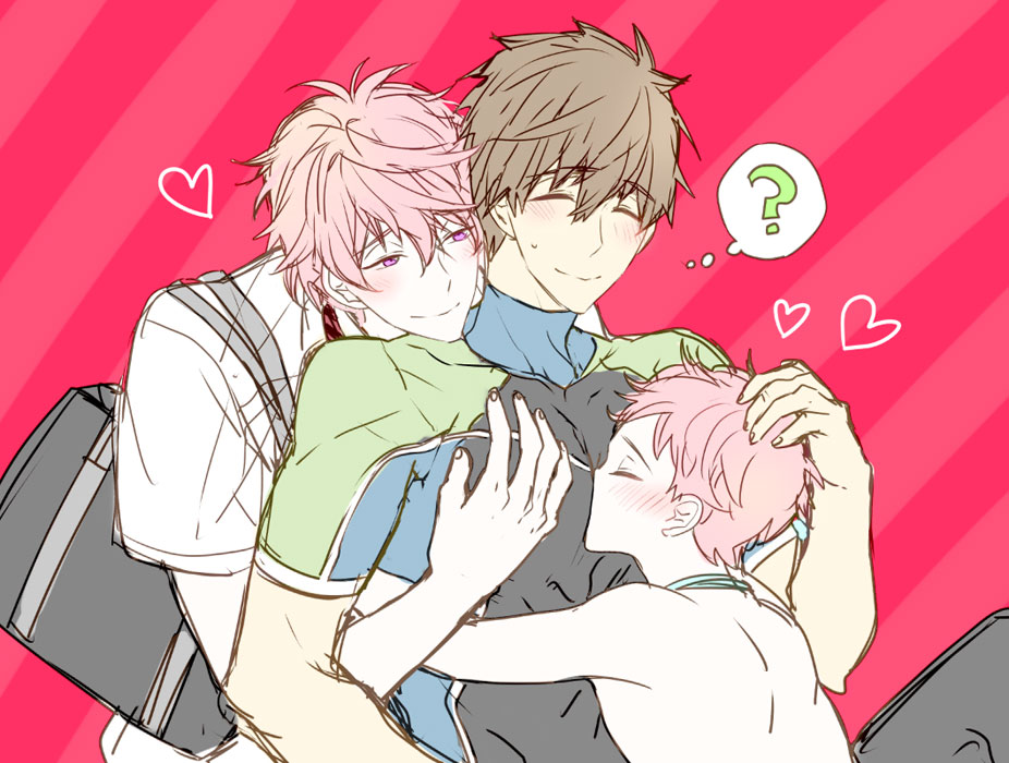 10s, 3boys, ?, bad_id, bad_pixiv_id, blush, boy_sandwich, brown_hair, closed_eyes, free!, heart, hug, male_focus, multiple_boys, pink_hair, purple_eyes, ryouko_(lovelovela), sandwiched, shigino_hayato, shigino_kisumi, short_hair, siblings, smile, speech_bubble, tachibana_makoto, thought_bubble, yaoi