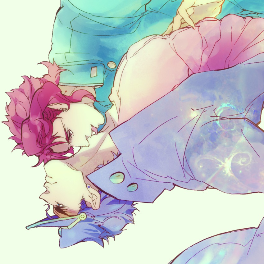 2boys, blue_hair, emir_ia, gakuran, hat, highres, jojo_no_kimyou_na_bouken, kakyoin_noriaki, kuujou_joutarou, licking, male_focus, multiple_boys, pink_hair, school_uniform, yaoi