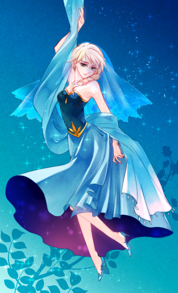 1girl, bare_shoulders, blonde_hair, bou_(maimoca501), braid, disney, dress, elsa_(frozen), frozen_(disney), high_heels