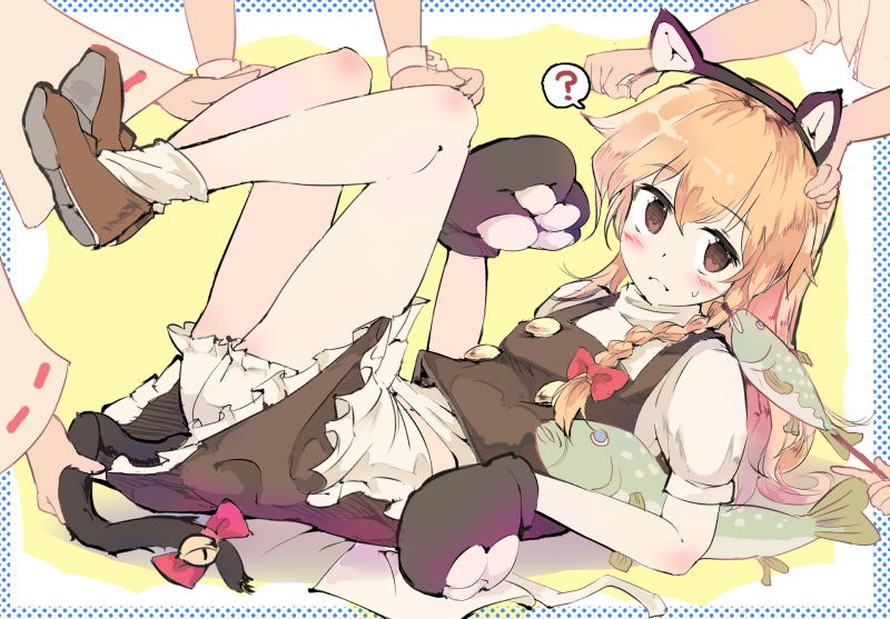 1girl, ?, animal_ears, animal_hands, blonde_hair, bloomers, blush, braid