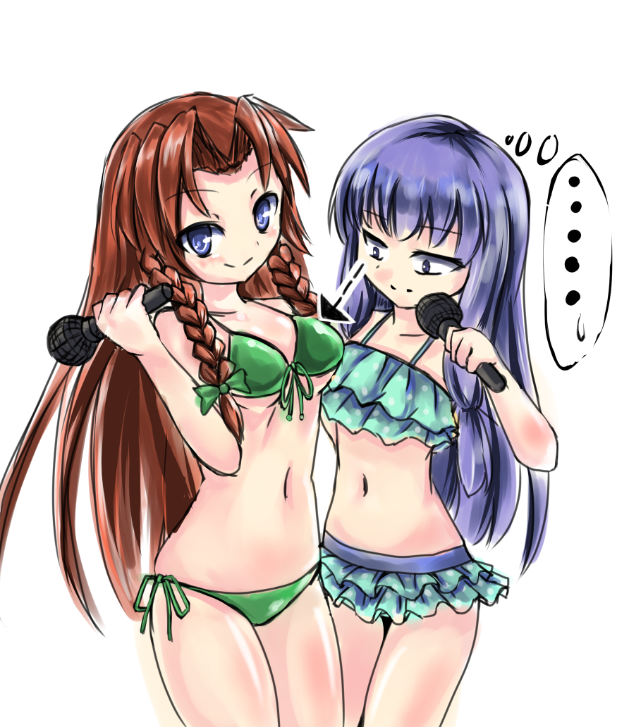 ..., 2girls, bad_id, bad_nicoseiga_id, blue_eyes, blue_hair, braid, breast_envy, breasts, cookie_(touhou), flat_chest, hong_meiling, koro(cookie), koro_(cookie), long_hair, mars_(cookie), microphone, multiple_girls, navel, patchouli_knowledge, red_hair, standing, swimsuit, taisa_(cookie), touhou, very_long_hair