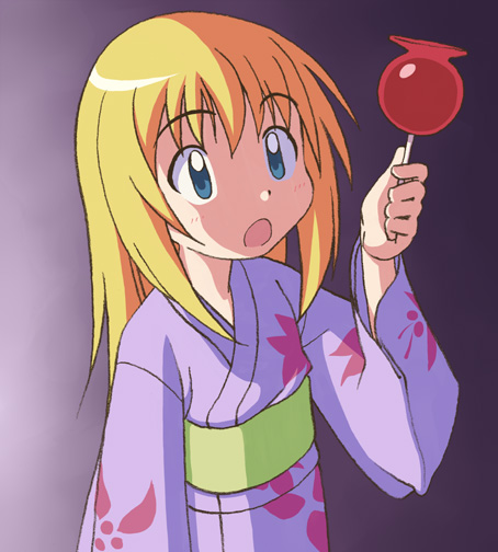 00s, 1girl, blonde_hair, blue_eyes, c-lop, candy_apple, female_focus, food