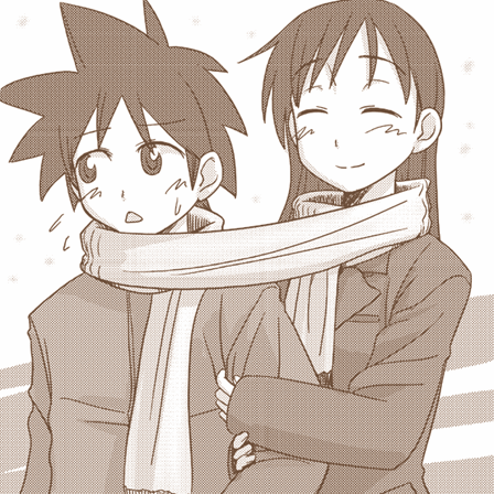 00s, 1boy, 1girl, brown_theme, kajiwara_ao, kajiwara_sora, lowres, monochrome, scarf, shared_clothes, shared_scarf, sketchbook_full_colors
