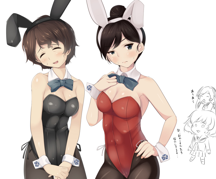 10s, 2girls, adjusting_neckwear, akiyama_yoshiko, akiyama_yukari, animal_ears, bad_id, bad_pixiv_id