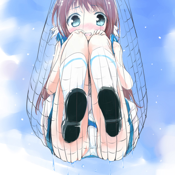 10s, 1girl, blue_eyes, blush, brown_hair, dress, female_focus, long_hair, mukaido_manaka, nagi_no_asukara, net, panties, pantyshot, sailor_dress, school_uniform, serafuku, solo, underwear, white_panties, yoshi@highland