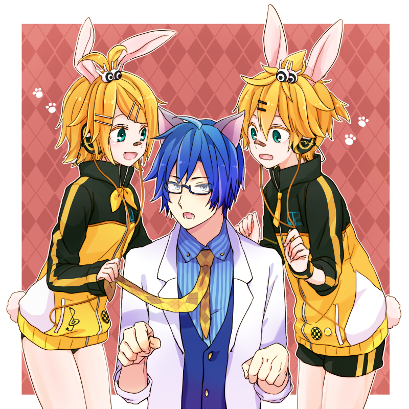 1girl, 2boys, akiyoshi_(tama-pete), animal_ears, argyle_background, argyle_clothes, artist_collaboration, bandaid, bandaid_on_face, bandaid_on_nose, blonde_hair, blue_hair, cat_ears, glasses, headphones, kagamine_len, kagamine_len_(stylish_energy), kagamine_rin, kagamine_rin_(stylish_energy), kaito_(genius)_(vocaloid), kaito_(vocaloid), multiple_boys, necktie, open_mouth, paw_pose, paw_print, project_diva_(series), project_diva_f, rabbit_ears, rabbit_tail, short_hair, smile, tail, vocaloid, yellow_necktie