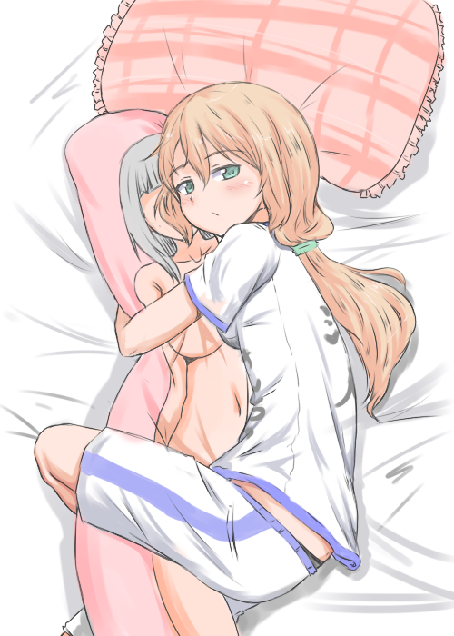 1girl, alternate_costume, alternate_hairstyle, black_panties, blonde_hair, blush, breasts, clothes_writing, dakimakura_(object), female_focus, frilled_pillow, frills, green_eyes, hakusen-hiki, heidimarie_w._schnaufer, heinrike_prinzessin_zu_sayn-wittgenstein, hugging_object, large_breasts, long_hair, looking_at_viewer, lying, noble_witches, on_side, panties, pillow, pillow_hug, ponytail, shirt, short_sleeves, shorts, solo, strike_witches, underwear, white_shirt, world_witches_series