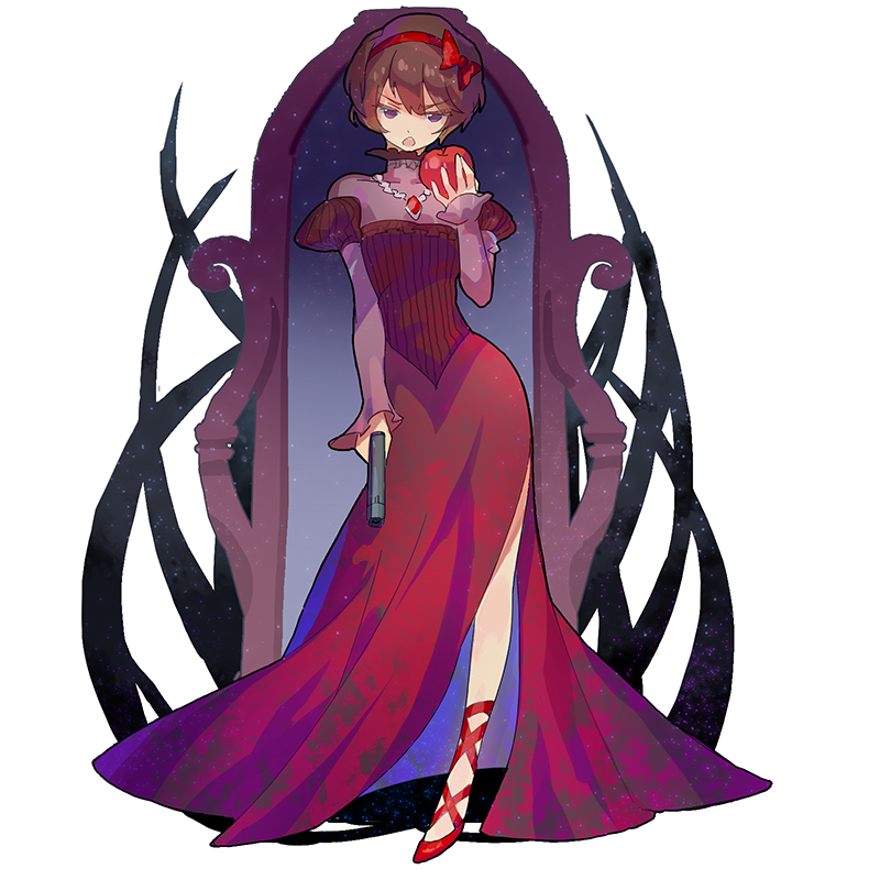 1girl, aldnoah.zero, angry, apple, bow, breasts, brown_hair, chestnut_mouth, chino_kawashiku, colored_eyelashes, cosplay, cross-laced_footwear, dress, female_focus, food, frilled_dress, frills, fruit, full_body, gun, hair_bow, hairband, handgun, high_heels, holding, jewelry, juliet_sleeves, long_dress, long_sleeves, looking_at_viewer, mirror, necklace, open_mouth, pendant, plant, puffy_long_sleeves, puffy_sleeves, purple_eyes, queen_(snow_white)_(cosplay), rayet_areash, red_bow, red_dress, red_hair, red_ribbon, red_shoes, red_skirt, ribbed_dress, ribbon, shoes, short_hair, side_slit, skirt, small_breasts, snow_white's_queen_(fairy_tale_character), snow_white_(fairy_tale), solo, standing, striped_clothes, striped_dress, turtleneck, vertical-striped_clothes, vertical-striped_dress, vines, weapon