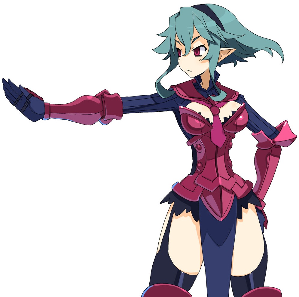 1girl, armor, barbara_(disgaea), black_thighhighs, breasts, disgaea, disgaea_d2, female_focus, frown, gloves, green_hair, hairband, harada_takehito, necktie, official_art, outstretched_hand, pelvic_curtain, pointy_ears, red_armor, red_eyes, sailor_collar, short_hair, sidelocks, skinny, solo, tabard, thigh_strap, thighhighs, white_background, wide_hips