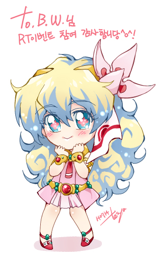 +_+, 00s, 1girl, bad_id, bad_pixiv_id, bracelet, chibi, cross-shaped_pupils, female_focus, flower, hair_flower, hair_ornament, jewelry, long_hair, lots_of_jewelry, multicolored_hair, nia_teppelin, skirt, smile, solo, symbol-shaped_pupils, teiyabeshu, tengen_toppa_gurren_lagann, two-tone_hair