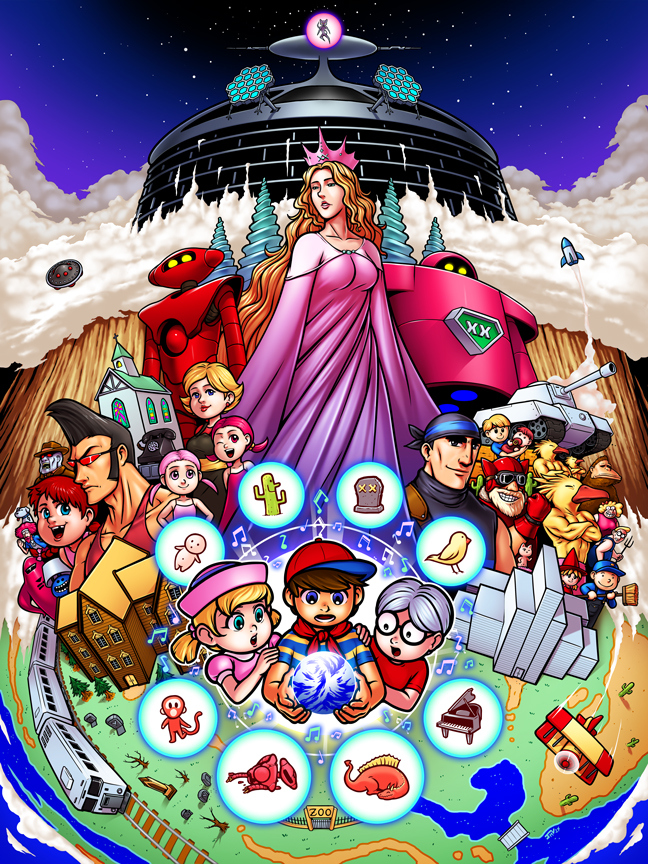 6+boys, 6+girls, aircraft, airplane, ana_(mother), baby, baseball_cap, bigfoot_(mythology), bird, black_hair, blonde_hair, broom, brown_hair, cactus, carol_(mother), cat, character_request, crown, dog, doll, dragon, dress, eve_(mother), everyone, flying_man, giygas, glasses, hat, instrument, jmanvelez, lamp, lloyd_(mother), long_hair, long_sleeves, military, military_vehicle, mimmie_(mother), minnie_(mother), missile, monkey, mother_(series), mother_1, motor_vehicle, multiple_boys, multiple_girls, musical_note, neckerchief, ninten, nintendo, phone, piano, pink_dress, pink_hair, pippi, pitchfork, queen_mary, railroad_tracks, robot, shirt, silver_hair, sleeves_past_wrists, starman_(mother), striped_clothes, striped_shirt, sunglasses, tank, teddy_(mother), tombstone, train, ufo, vehicle, zombie