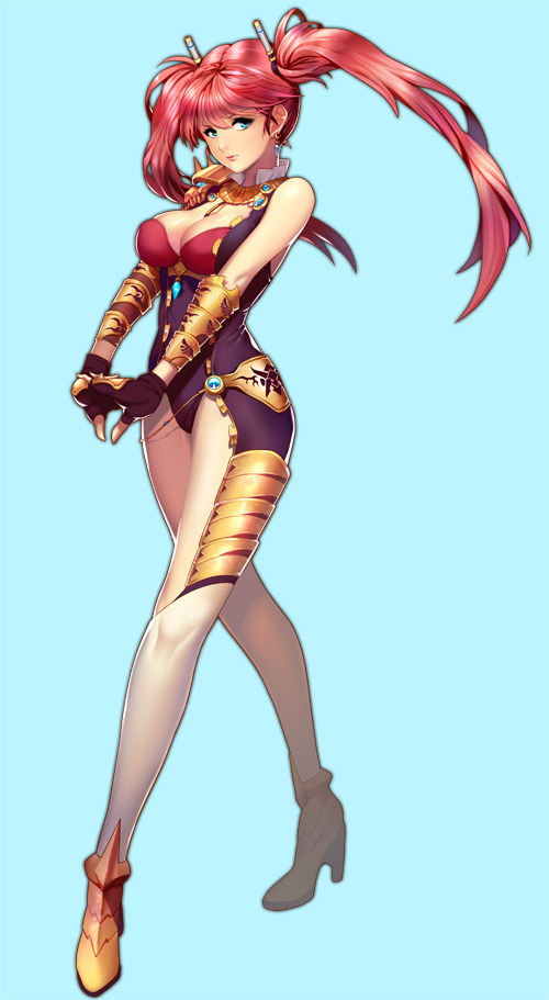 00s, 1girl, aqua_background, breasts, chaos_(dungeon_and_fighter), cleavage, dungeon_and_fighter, expressionless, female_focus, full_body, gloves, green_eyes, jewelry, knight_(dungeon_and_fighter), large_breasts, long_hair, lots_of_jewelry, lvlv, red_hair, shoes, solo, standing, twintails, wrist_cuffs