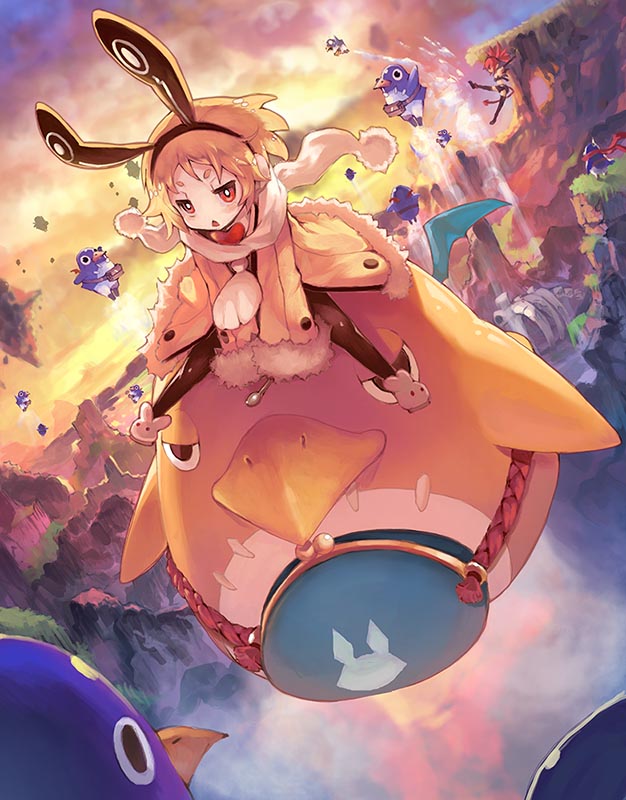 1girl, animal_ears, black_pantyhose, blonde_hair, creature, disgaea, earmuffs, etna_(disgaea), flying, hairband, jacket, kicking, makai_senki_disgaea_5, pantyhose, pom_pom_(clothes), prinny, rabbit_earmuffs, rabbit_ears, red_eyes, scarf, shoes, short_hair, teddypocky, thick_eyebrows, usalia_(disgaea), usaria, yellow_penguin