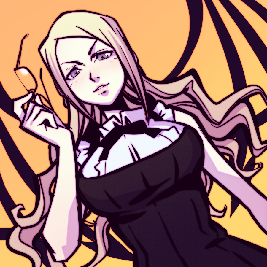 1girl, blonde_hair, blue_eyes, breasts, dutch_angle, female_focus, glasses, holding, holding_removed_eyewear, ilya_kuvshinov, konishi_mitsuki, large_breasts, lips, long_hair, looking_at_viewer, orange_background, solo, subarashiki_kono_sekai, unworn_eyewear, upper_body, wings