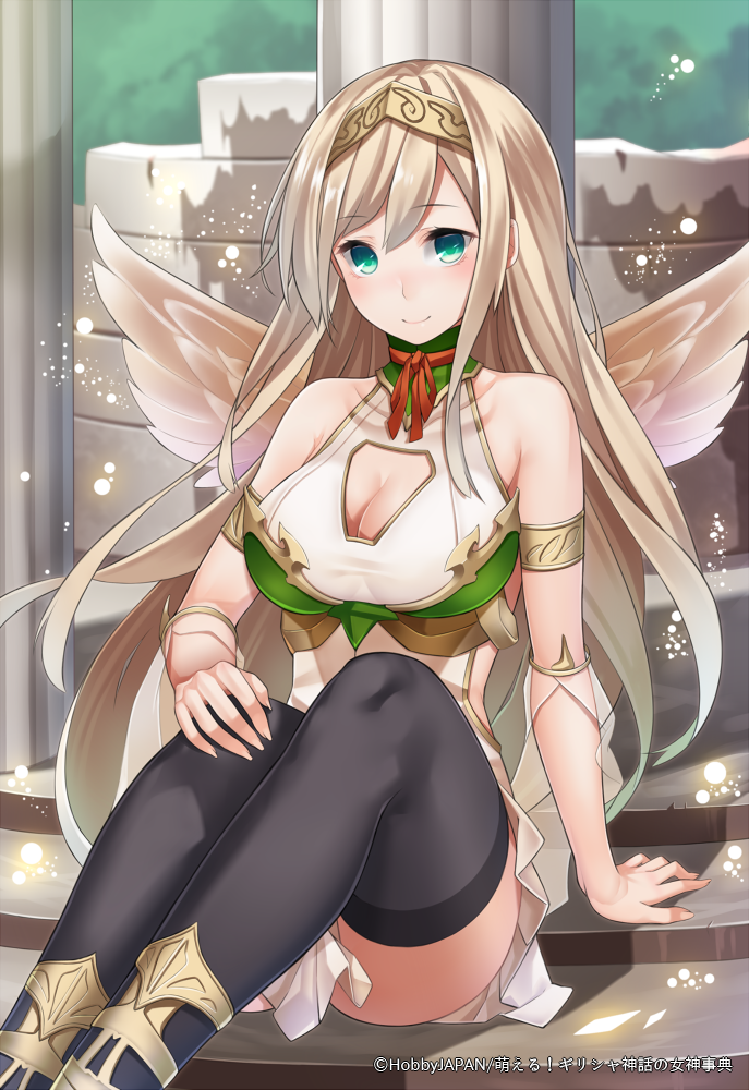 1girl, angel_wings, aqua_eyes, arm_support, armlet, bare_shoulders, black_thighhighs, blonde_hair