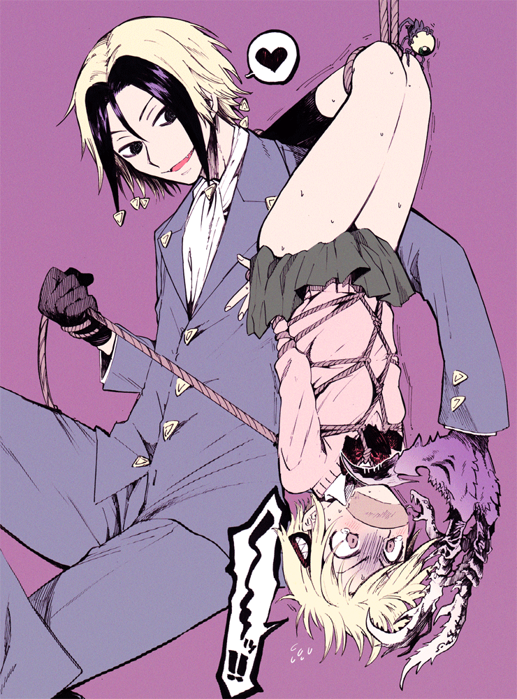 00s, 1boy, 1girl, amezawa_koma, arms_behind_back, bdsm, blonde_hair, bondage, bound, colored_bangs, gag, gagged, gloves, hair_ornament, hairclip, heart, improvised_gag, katsuragi_yako, majin_tantei_nougami_neuro, multicolored_hair, nougami_neuro, purple_hair, rope, scared, shibari, short_hair, skirt, suspension, tape, tape_gag, two-tone_hair, upside-down