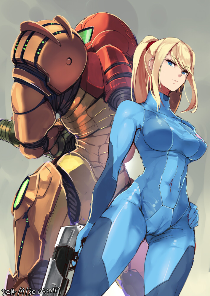 10s, 1girl, 2014, ario, armor, blonde_hair, blue_eyes, bodysuit, breasts, cameltoe, covered_navel, female_focus, gun, hand_on_own_hip, image_sample, large_breasts, long_hair, looking_at_viewer, metroid, metroid:_zero_mission, nintendo, pixiv_sample, ponytail, power_armor, power_suit_(metroid), samus_aran, skin_tight, solo, super_smash_bros., varia_suit, weapon, zero_suit