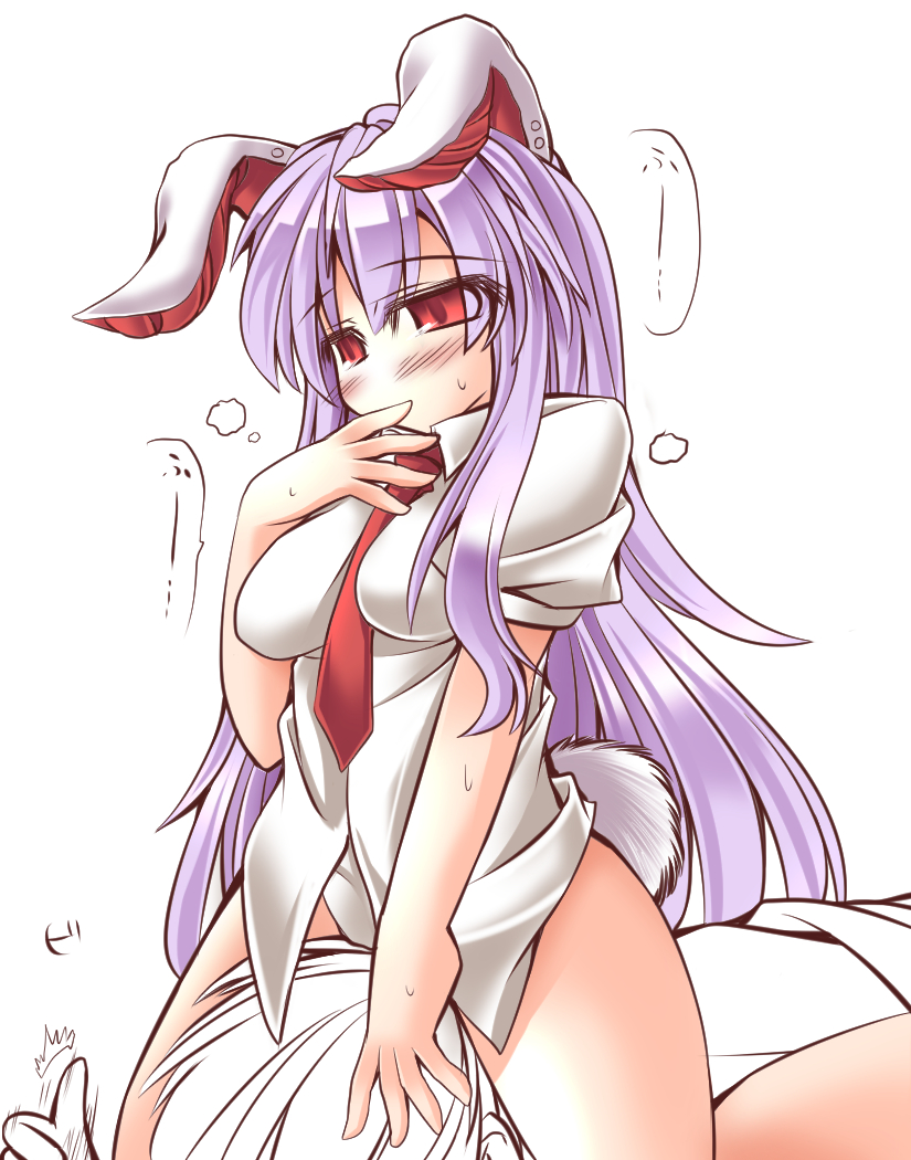 1boy, 1girl, ^^^, animal_ears, between_breasts, blush, bottomless, breasts, finger_to_mouth, girl_on_top, hand_on_another's_head, hetero, large_breasts, long_hair, mumumu, necktie, necktie_between_breasts, purple_hair, rabbit_ears, rabbit_tail, red_eyes, red_necktie, reisen_udongein_inaba, simple_background, sitting, sitting_on_face, sitting_on_person, slit_pupils, tail, thighs, thumbs_up, touhou, white_background