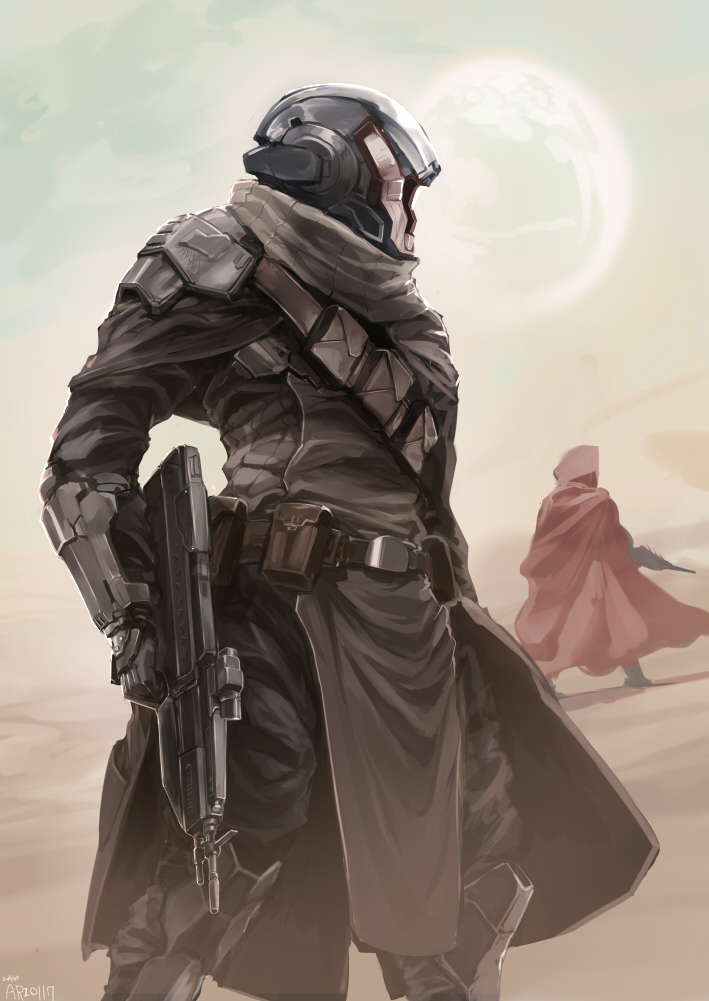 1boy, ario, armor, assault_rifle, belt, cloak, desert, destiny_(game), gun, helmet, hunter_(destiny), moon, pouch, rifle, standing, warlock_(destiny), weapon