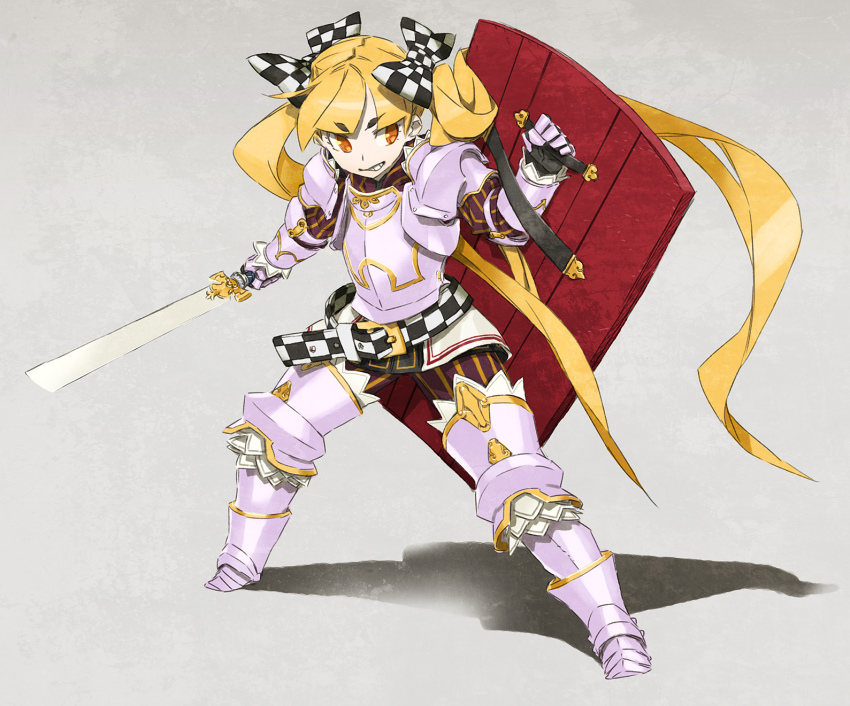 1girl, 7th_dragon, 7th_dragon_(series), armor, berich_(7th_dragon), blonde_hair, female_focus, highres, knight, knight_(7th_dragon), long_hair, looking_at_viewer, miwa_shirow, shield, solo, sword, twintails, very_long_hair, weapon