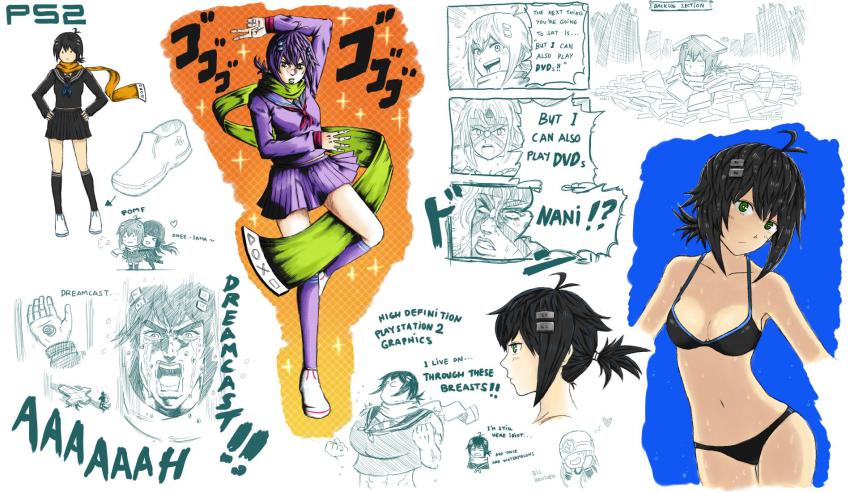 1girl, artist_request, bikini, black_hair, black_legwear, console-tan, english_text, game_console