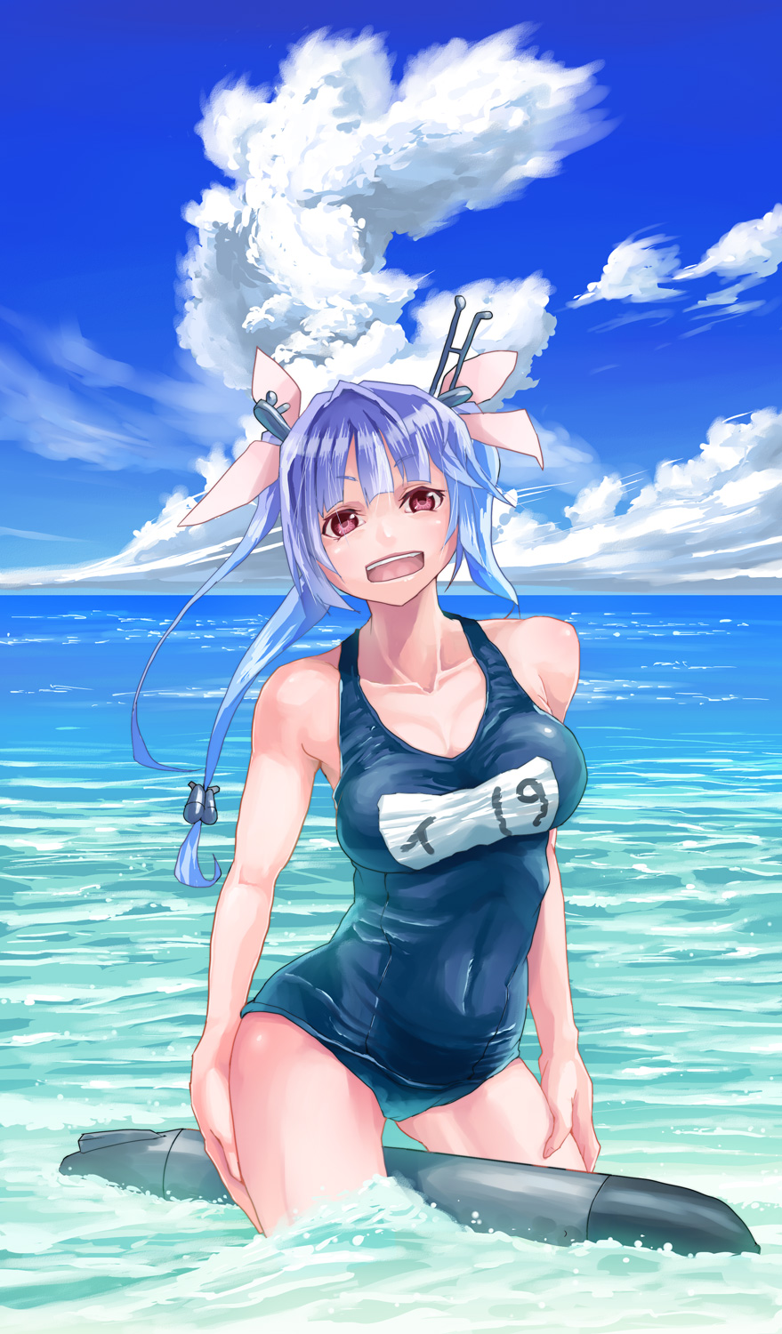 10s, 1girl, blue_hair, blue_sky, breasts, cleavage, cloud, collarbone