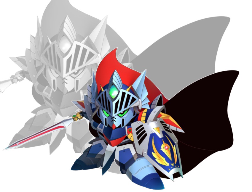 1980s_(style), cape, chibi, gundam, gundam_0080, gundam_alex, knight_alex, mecha, nogisaka_kushio, oldschool, retro_artstyle, robot, sd_gundam, shield, sword, weapon