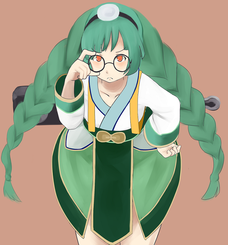 1girl, adjusting_eyewear, braid, brown_background, dress, female_focus, frown, glasses, green_dress, green_hair, hairband, hand_on_eyewear, hand_on_own_hip, headwear_request, leaning_forward, long_hair, looking_at_viewer, ole_tower, orange_eyes, run_romes, simple_background, socket_wrench, socket_wrench_(ole_tower), solo, standing, twin_braids, very_long_hair