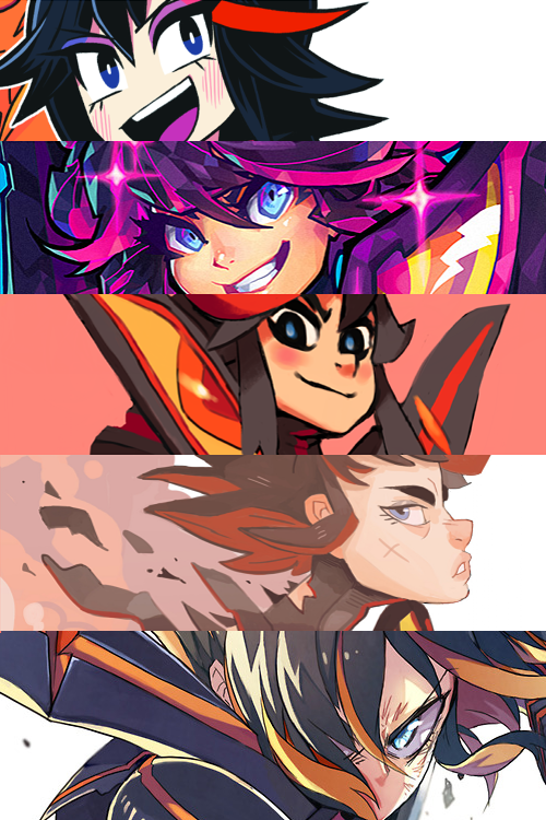 10s, bantibox, barachan, black_hair, blue_eyes, collage, commentary, cropped, eyeshadow, gashi-gashi, kill_la_kill, makeup, matoi_ryuuko, matthieu_cousin, promotional_art, red_hair, senketsu, sugi_koutarou