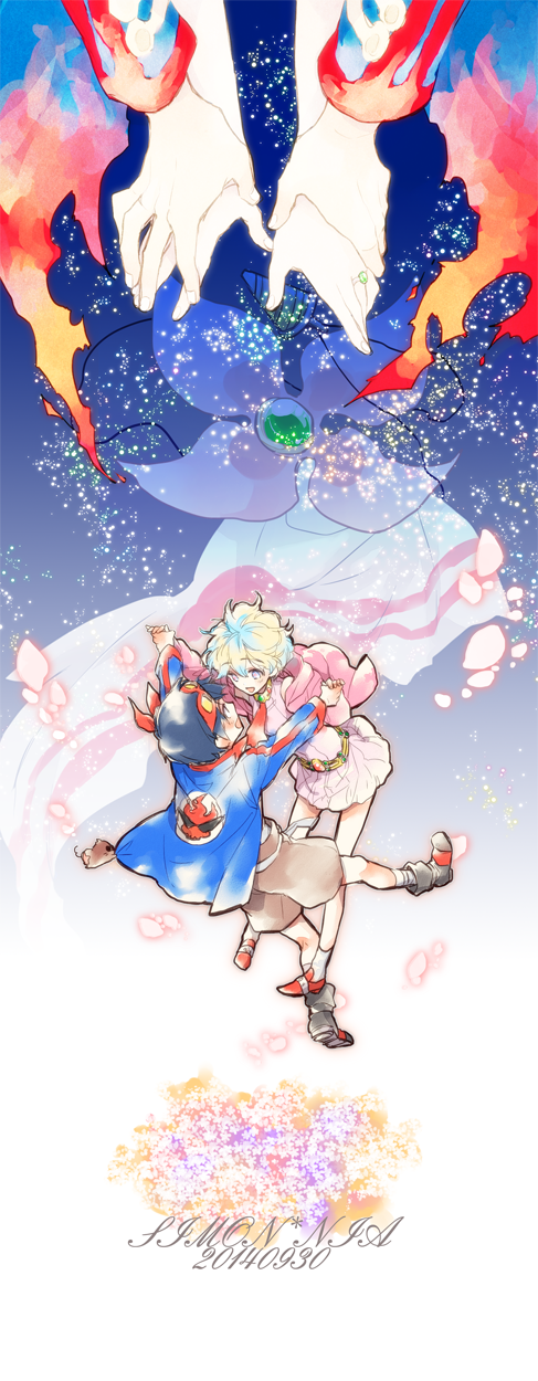 00s, 1boy, 1girl, boota_(ttgl), couple, flower, goggles, goggles_on_head