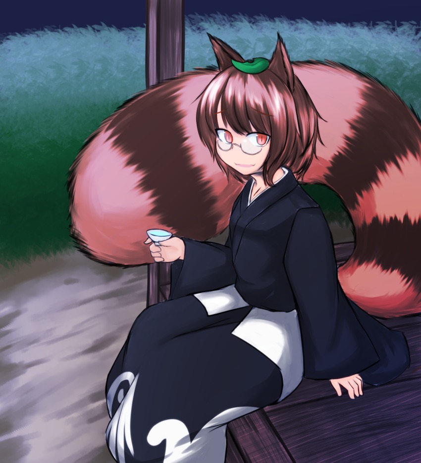 1girl, animal_ears, brown_hair, choko_(cup), futatsuiwa_mamizou, ganmaganmo, glasses, highres, japanese_clothes, leaf, leaf_on_head, object_on_head, raccoon_ears, raccoon_tail, red_eyes, sitting, slit_pupils, smile, tail, touhou