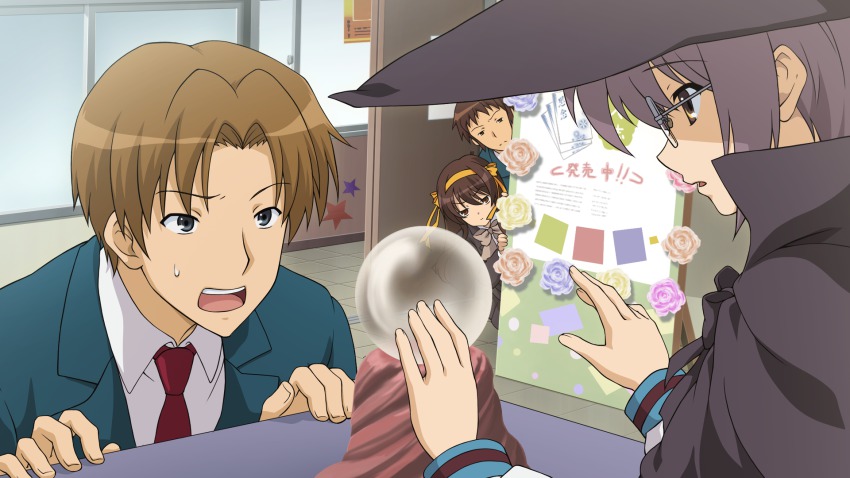 10s, 2boys, 2girls, brown_eyes, brown_hair, computer_club_president_(suzumiya_haruhi), crystal_ball, fortune_telling