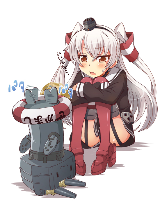 10s, 1girl, :3, amatsukaze_(kancolle), blush, cannon, dress, garter_straps