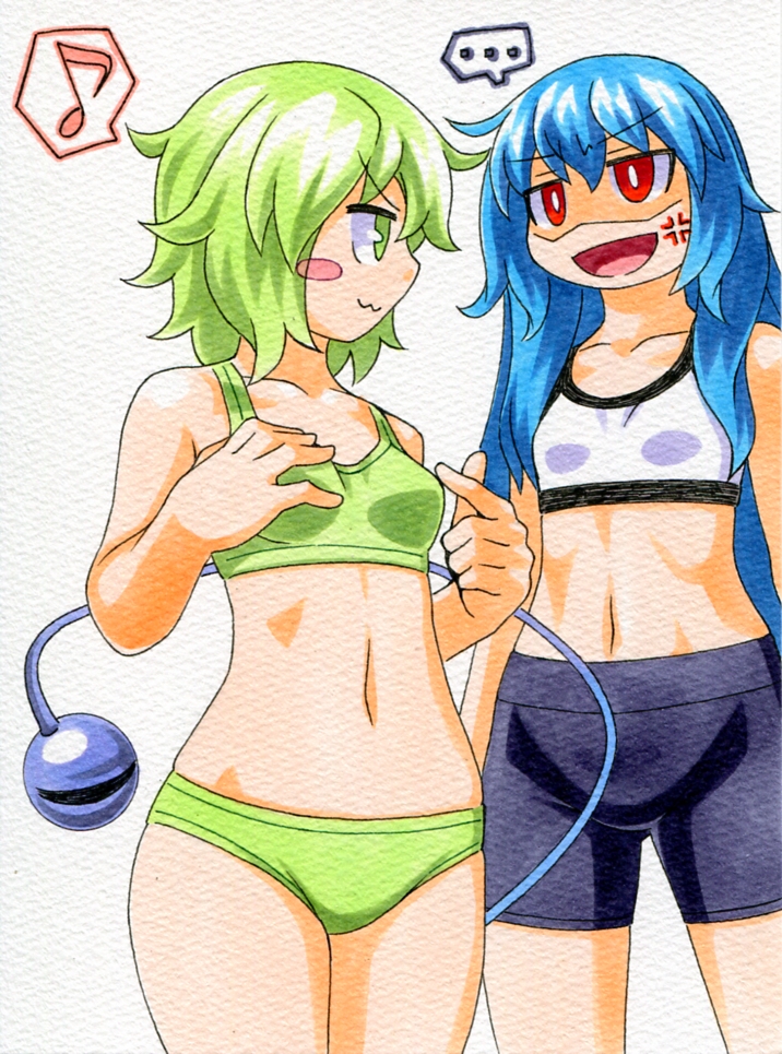 >:3, >:d, ..., 2girls, :3, :d, alternate_costume, anger_vein