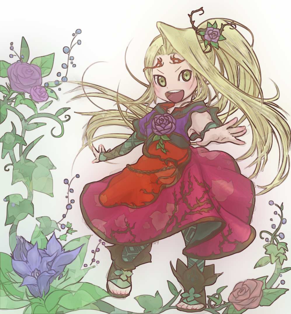 1girl, blonde_hair, female_focus, flower, full_body, green_eyes, hair_flower, hair_ornament, kid_icarus, kid_icarus_uprising, long_hair, viridi, nintendo, okiza_yuuri, open_mouth, toeless_footwear, patterned_legwear, ponytail, sandals, shoes, solo, yellow_eyes