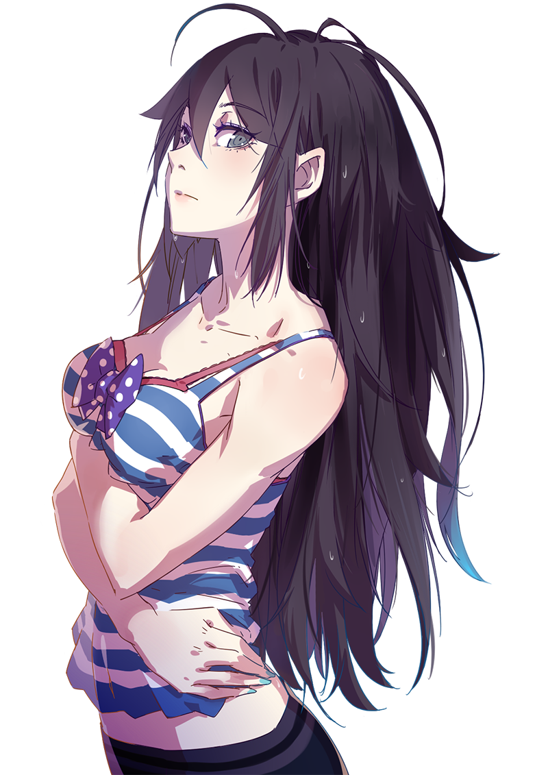 1girl, aqua_eyes, aqua_nails, honkai_gakuen, black_hair, blue_nails, bow, breasts, cici, female_focus, honkai_(series), long_hair, looking_at_viewer, nail_polish, polka_dot, polka_dot_ribbon, profile, raiden_mei_(benghuai_xueyuan), ribbon, shirt, solo, striped_clothes, striped_shirt, tank_top, transparent_background, two-tone_stripes, upper_body, wet, wet_hair, white_background