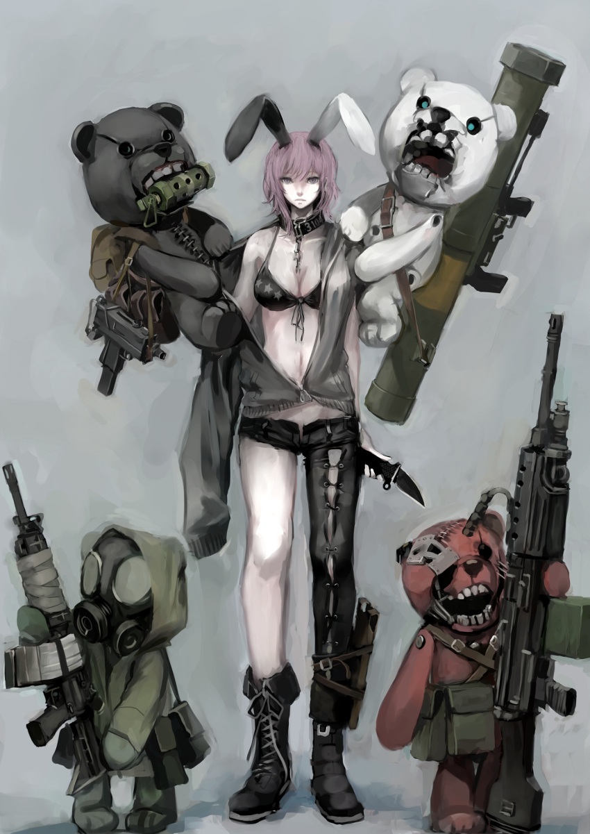 1girl, animal_ears, assault_rifle, asymmetrical_legwear, bikini, bikini_top_only, combat_knife, explosive