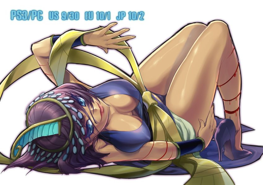 1girl, ancient_egyptian, black_dress, black_hair, blood, blue_eyes, bob_cut, bracer, breasts, cleavage, covered_erect_nipples, dark-skinned_female, dark_skin, downblouse, dress, eliza_(skullgirls), female_focus, hagoromo, headdress, high_heels, jewelry, large_breasts, legs_together, lips, looking_at_viewer, lots_of_jewelry, lying, no_bra, on_back, shawl, shigeru_arsw, short_hair, simple_background, skullgirls, smile, solo, stiletto_heels, tiara, white_background