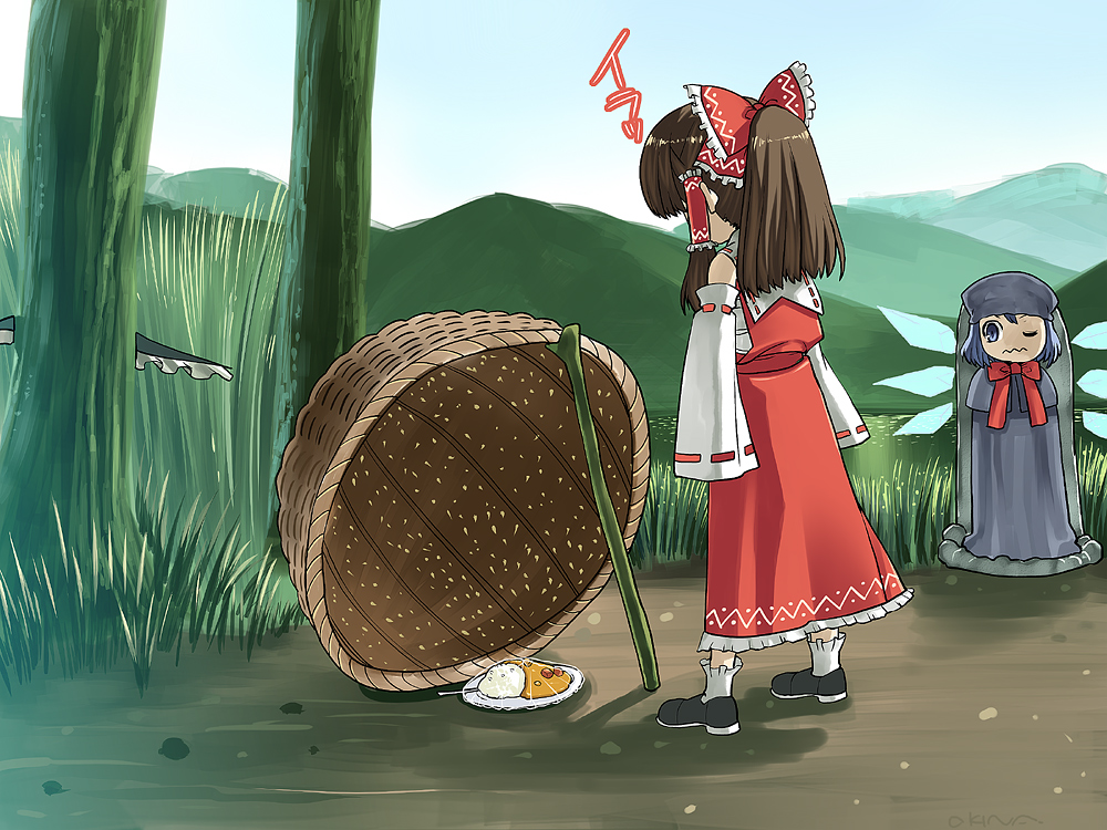 3girls, angry, bad_id, bad_pixiv_id, blue_hair, cirno, curry, drop_trap, embodiment_of_scarlet_devil, female_focus, food, hakurei_reimu, hat, hiding, japanese_clothes, kirisame_marisa, lure, miko, multiple_girls, okina_ika, ribbon, touhou, translated, wavy_mouth, witch_hat