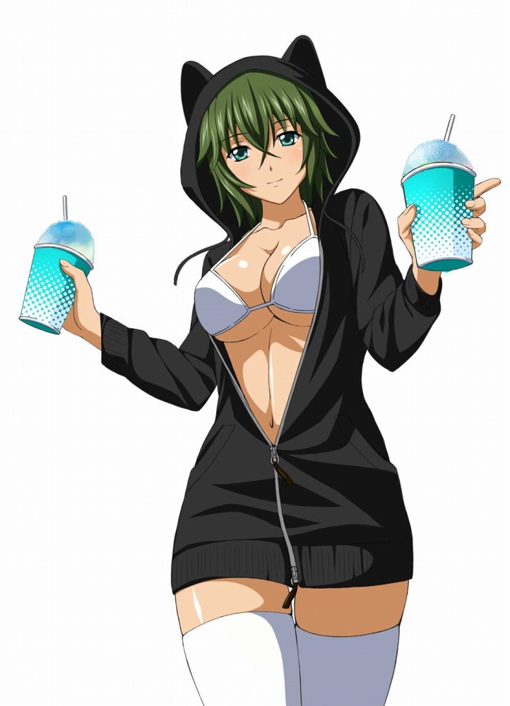 00s, 1girl, bra, breasts, cup, dessert, female_focus, food, green_hair, ikkitousen, kyocho_chuukou, large_breasts, looking_at_viewer, official_art, shaved_ice, smile, solo, standing, thighhighs, underwear, white_background