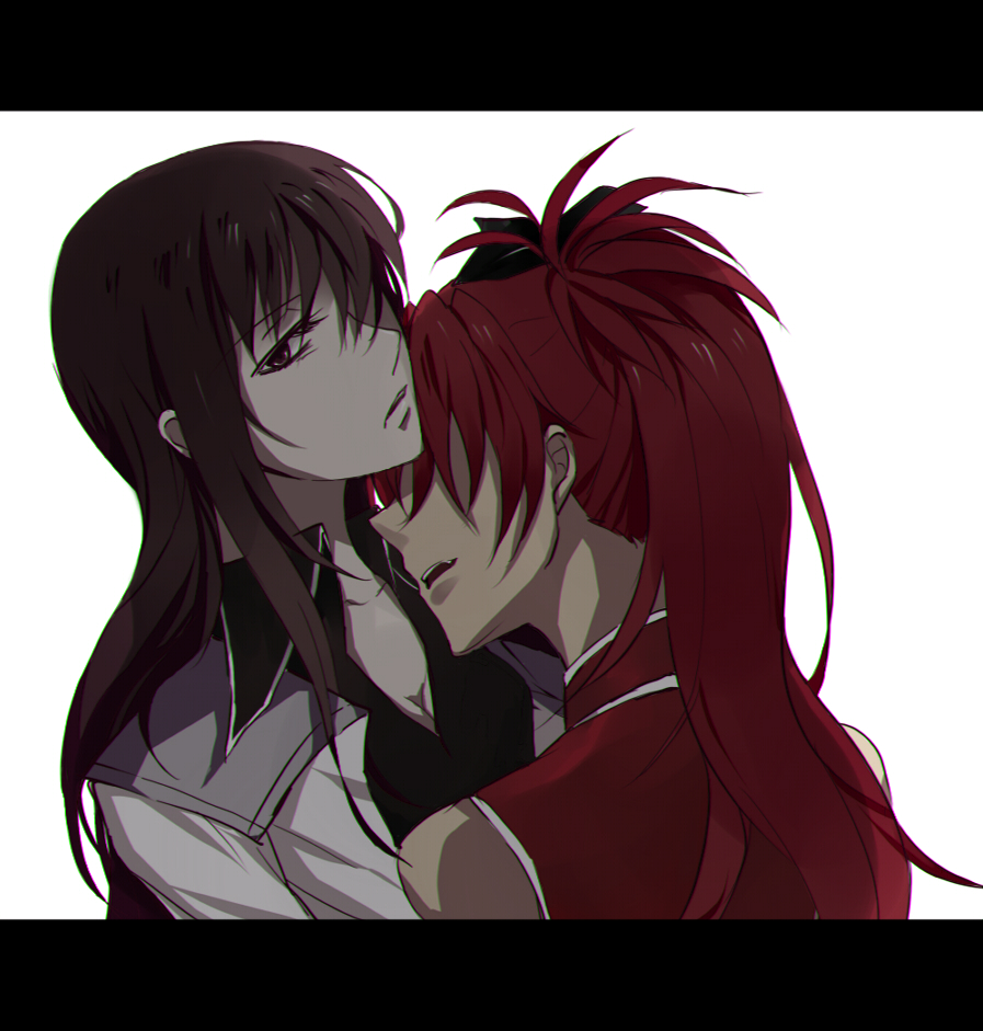 10s, 2girls, akemi_homura, akemi_homura_(magical_girl), ashthorn, bad_id, bare_shoulders, black_hair