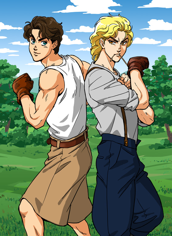2boys, belt, blonde_hair, boxing_gloves, brown_eyes, brown_hair, cloud, day