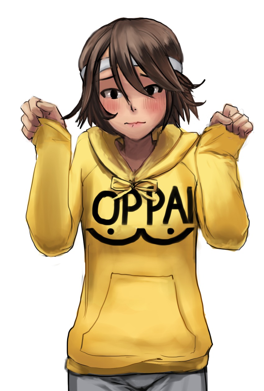 1girl, blush, breast_conscious, brown_eyes, brown_hair, chihayafuru, clothes_writing, drawfag, female_focus, flat_chest, headband, highres, hood, hood_down, hoodie, long_sleeves, one-punch_man, paw_pose, short_hair, sleeves_past_wrists, solo, yuube_keiko