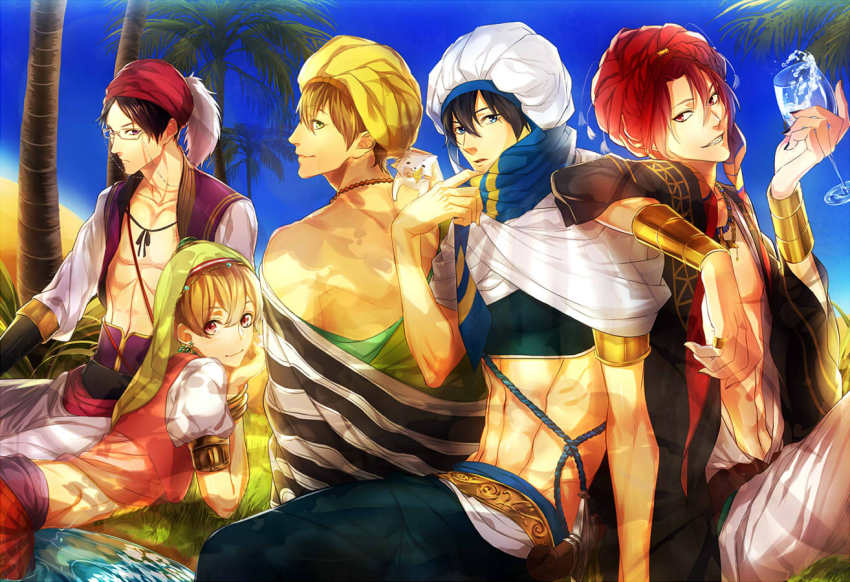 10s, 5boys, arabian_clothes, back, bad_id, bad_pixiv_id, black_hair, blonde_hair