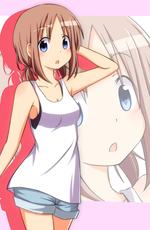1girl, :o, bare_shoulders, blue_eyes, blush, breasts, brown_hair, camisole