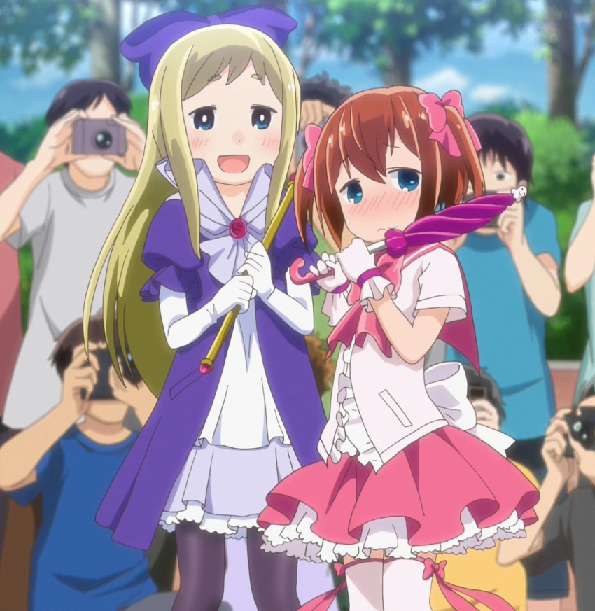 2girls, anime_screenshot, blonde_hair, blue_eyes, brown_hair, cosplay, denki-gai_no_hon'ya-san, fu-girl