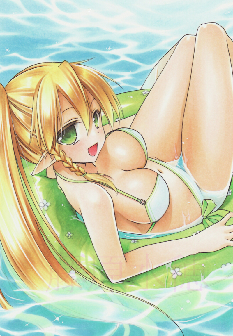 10s, 1girl, arm_support, bad_id, bad_pixiv_id, bikini, blonde_hair, braid, breasts, cleavage, fujiwara_minaho, green_eyes, innertube, leafa_(sao), long_hair, looking_back, marker_(medium), navel, o-ring, o-ring_bikini, partially_submerged, pointy_ears, ponytail, swim_ring, swimsuit, sword_art_online, traditional_media, twin_braids, water, watermark