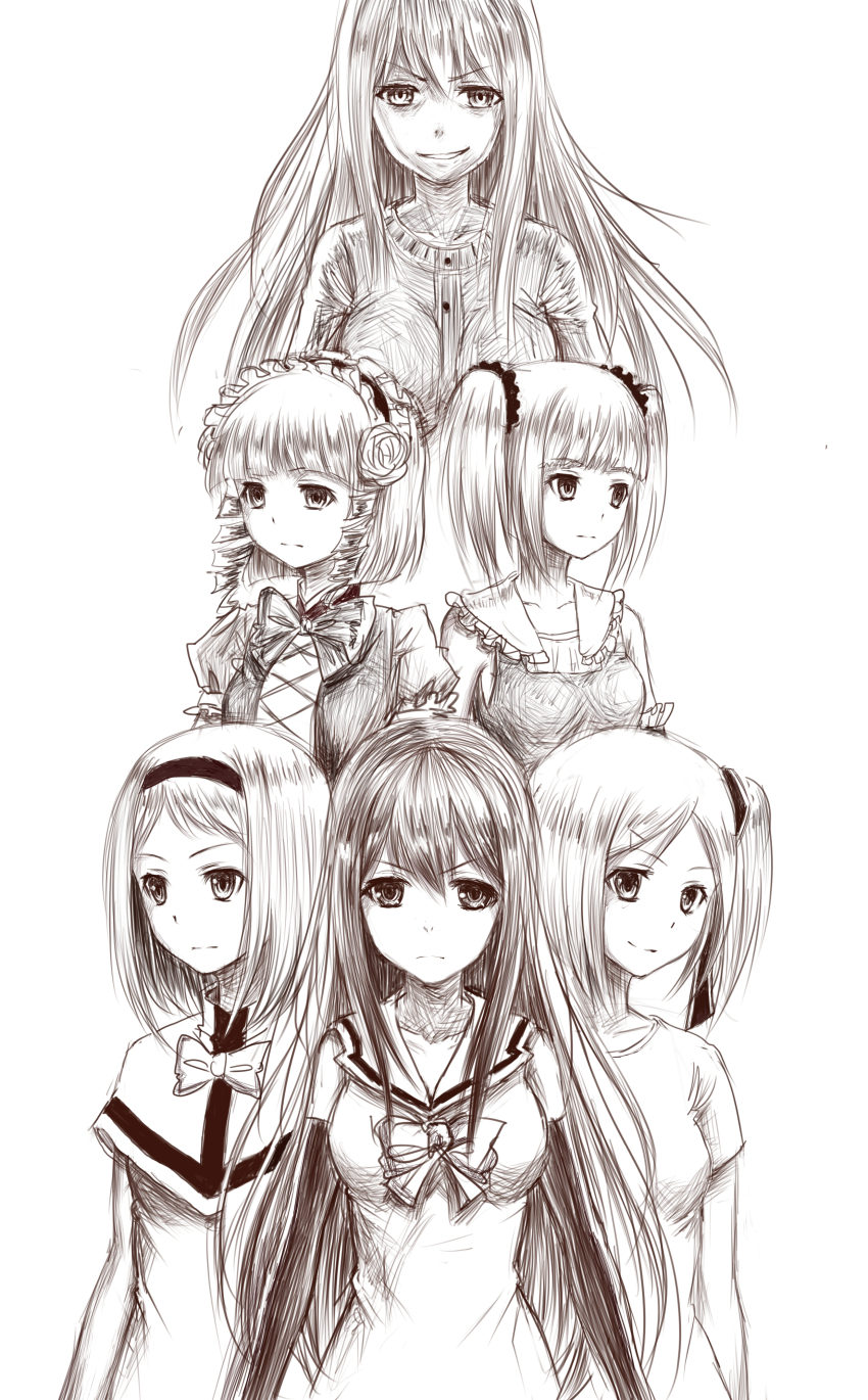 10s, 6+girls, absurdres, asymmetrical_hair, breasts, bridal_gauntlets, dan_dan_(artist), drill_hair