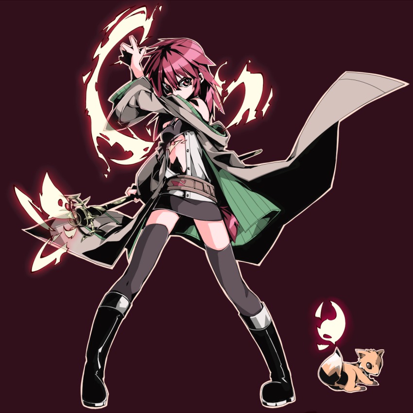 1girl, akasaka_koutarou, black_legwear, breasts, cape, duel_monster, fox, fox_fire_(yu-gi-oh!), highres, hiita, hiita_(yu-gi-oh!), hiita_the_fire_charmer, holding, long_hair, navel, red_eyes, red_hair, sakura_rokku, skirt, small_breasts, staff, yu-gi-oh!